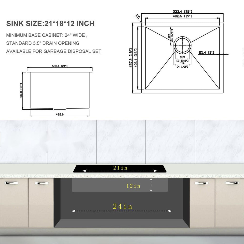 Modern Undermount Stainless Steel Kitchen Sink 16 Gauge, Deep Single Bowl - Gray