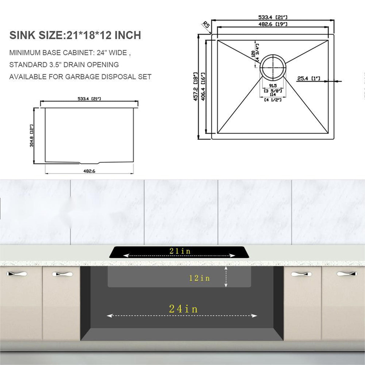 Modern Undermount Stainless Steel Kitchen Sink 16 Gauge, Deep Single Bowl - Gray