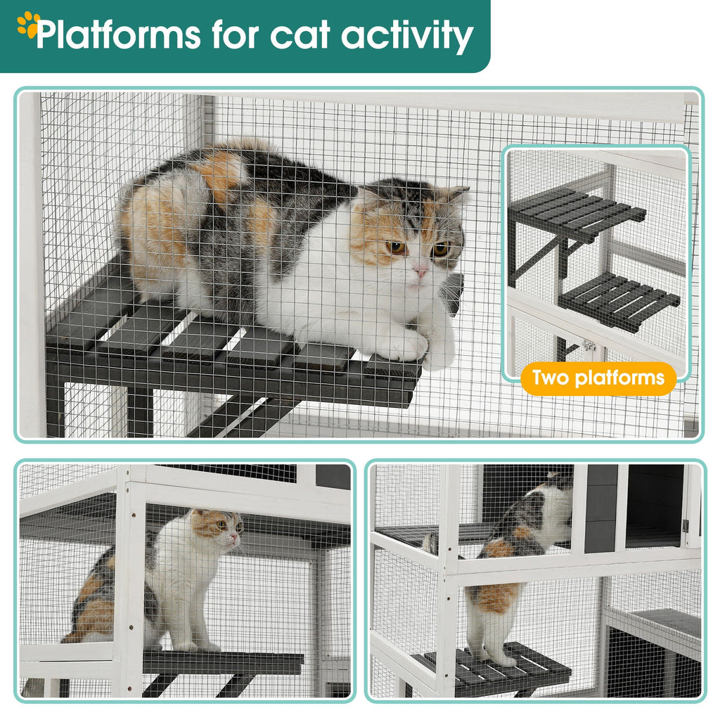 3 Tier Wooden Cat House with Platforms and Jump Box - Gray