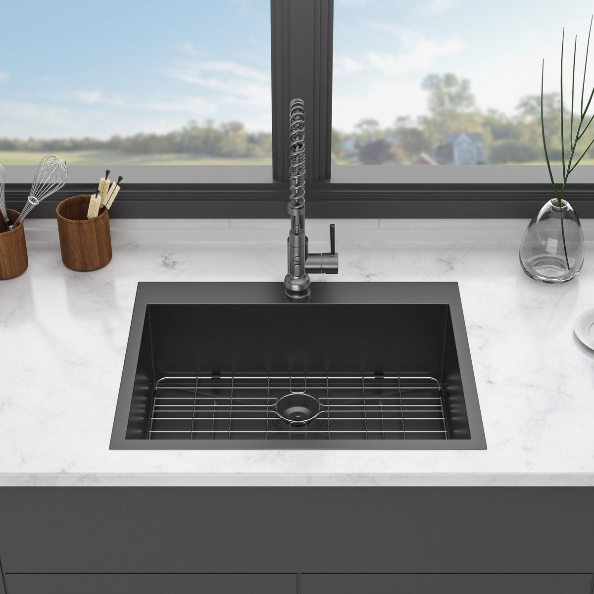 Drop In Kitchen Sink with Nano Technique Gunmetal Finish - Black
