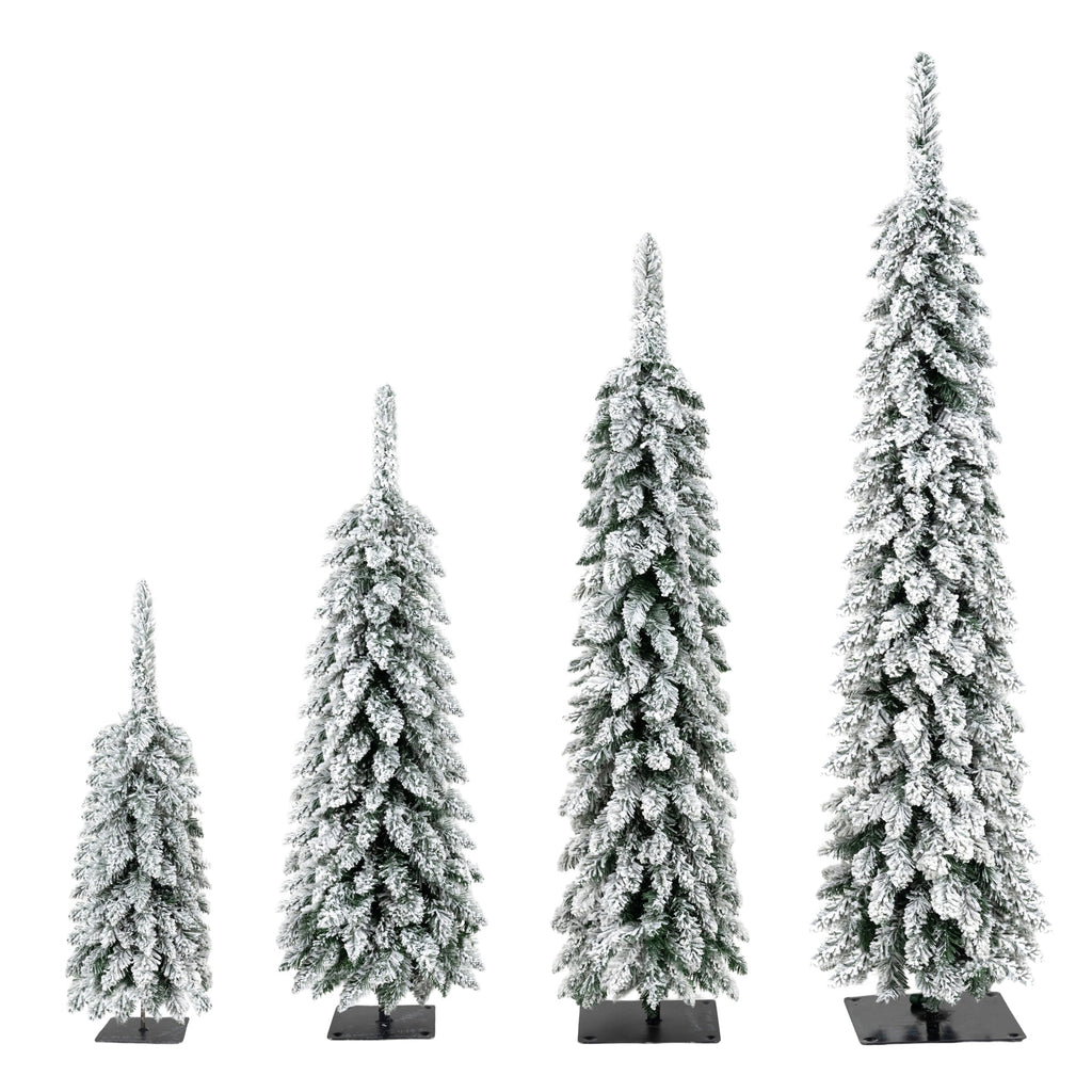 Pre-Flocked Pencil Christmas Trees 4 Pack with Easy Setup - White Flocked