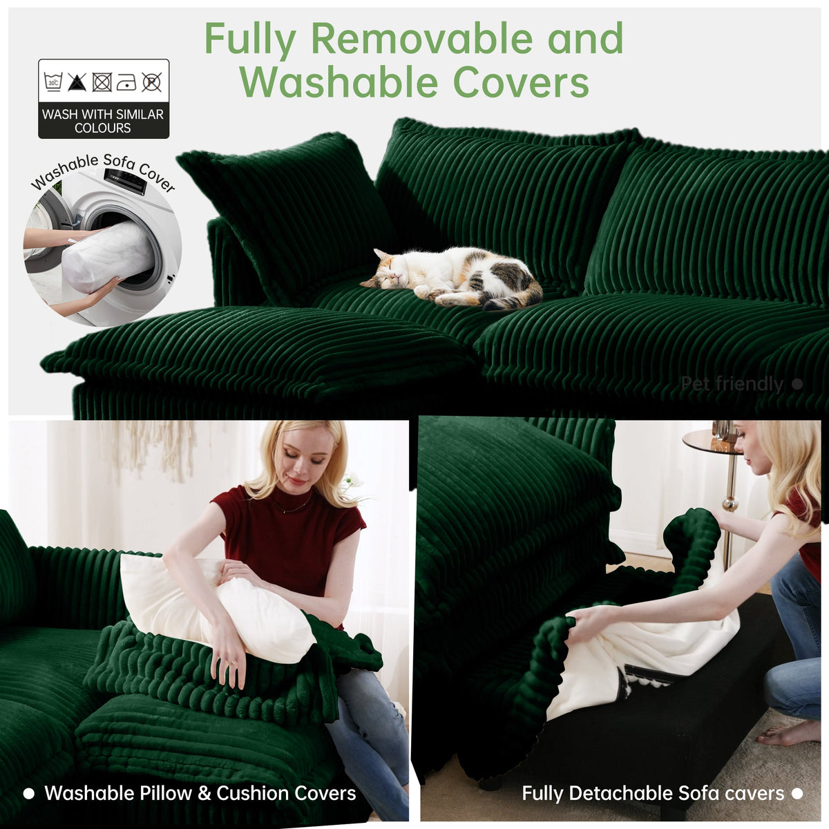 Slipcovered Long Sofa - 4 Seater Living Room Couch with Removable Covers - Green or Cream