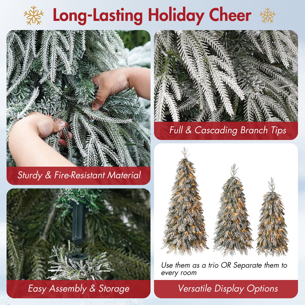 Snowy Cascading Christmas Trees 3-Piece Set with Flocked Hinged Branches - White