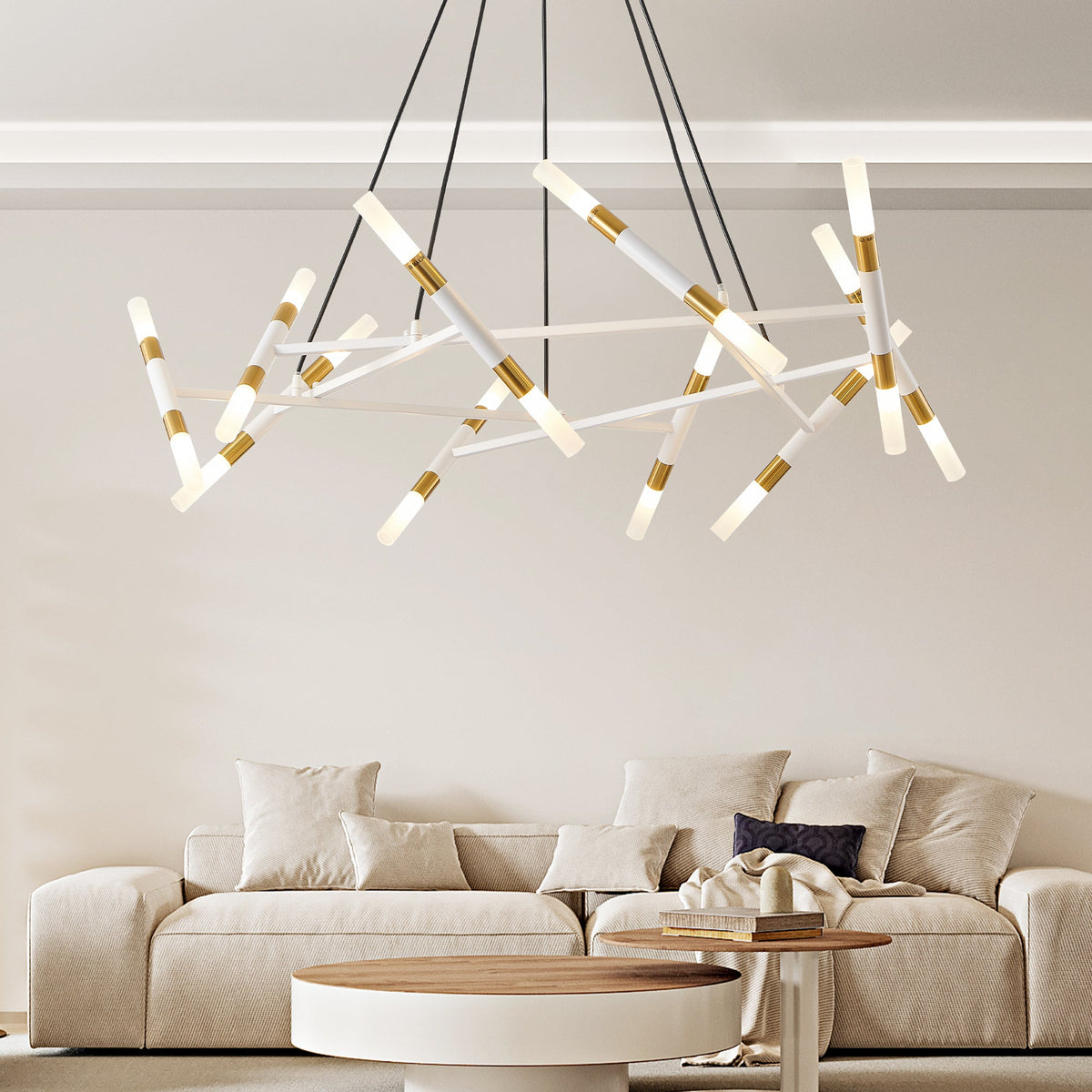 41" Modern Branch Chandelier Light Fixture with Frosted Tubes - White & Gold