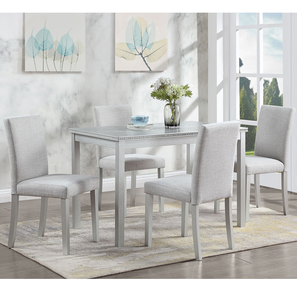 Dining Table Set with Crystal Decoration and Upholstered Chairs - Gray or White