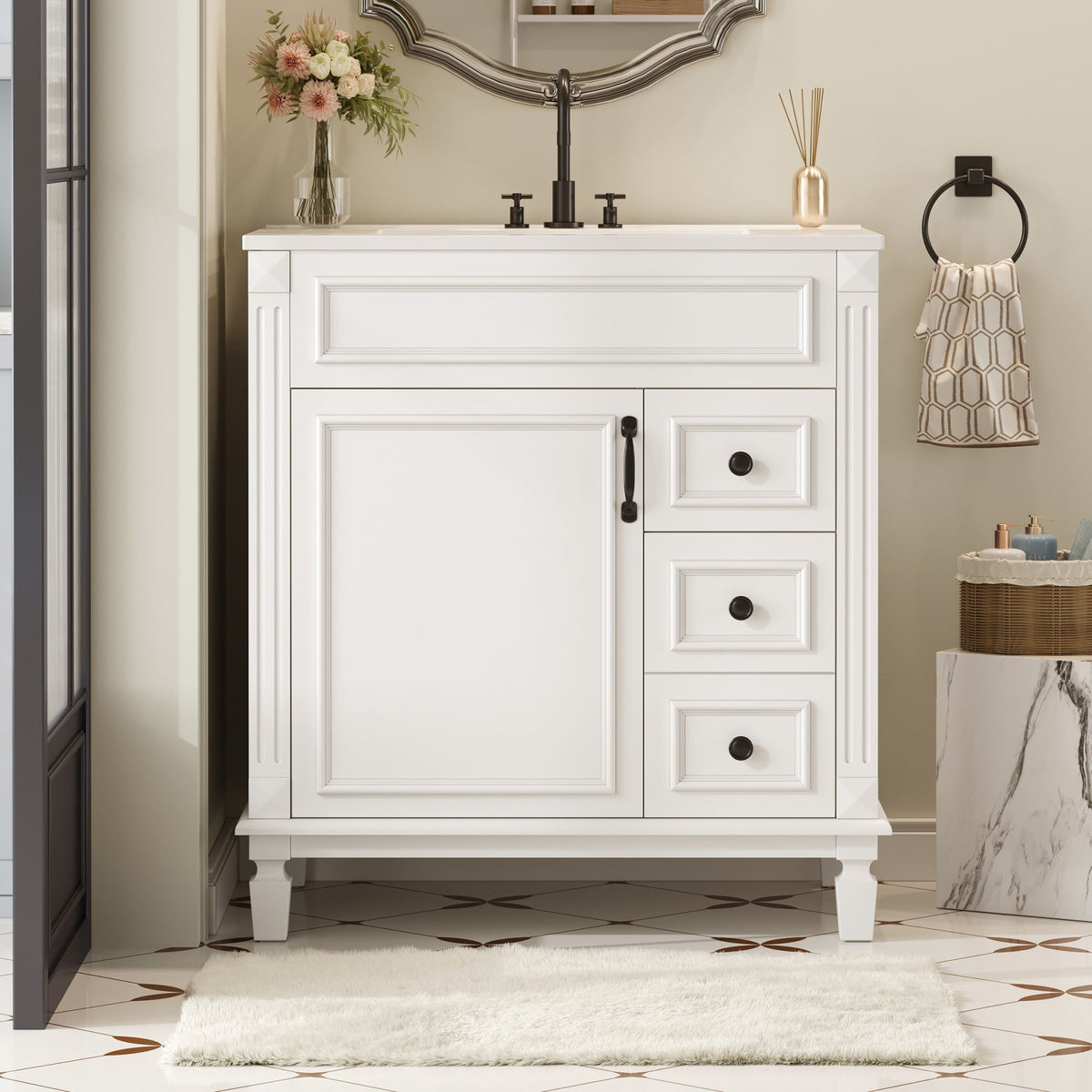 Bathroom Vanity with Ceramic Sink and Storage - White or Blue
