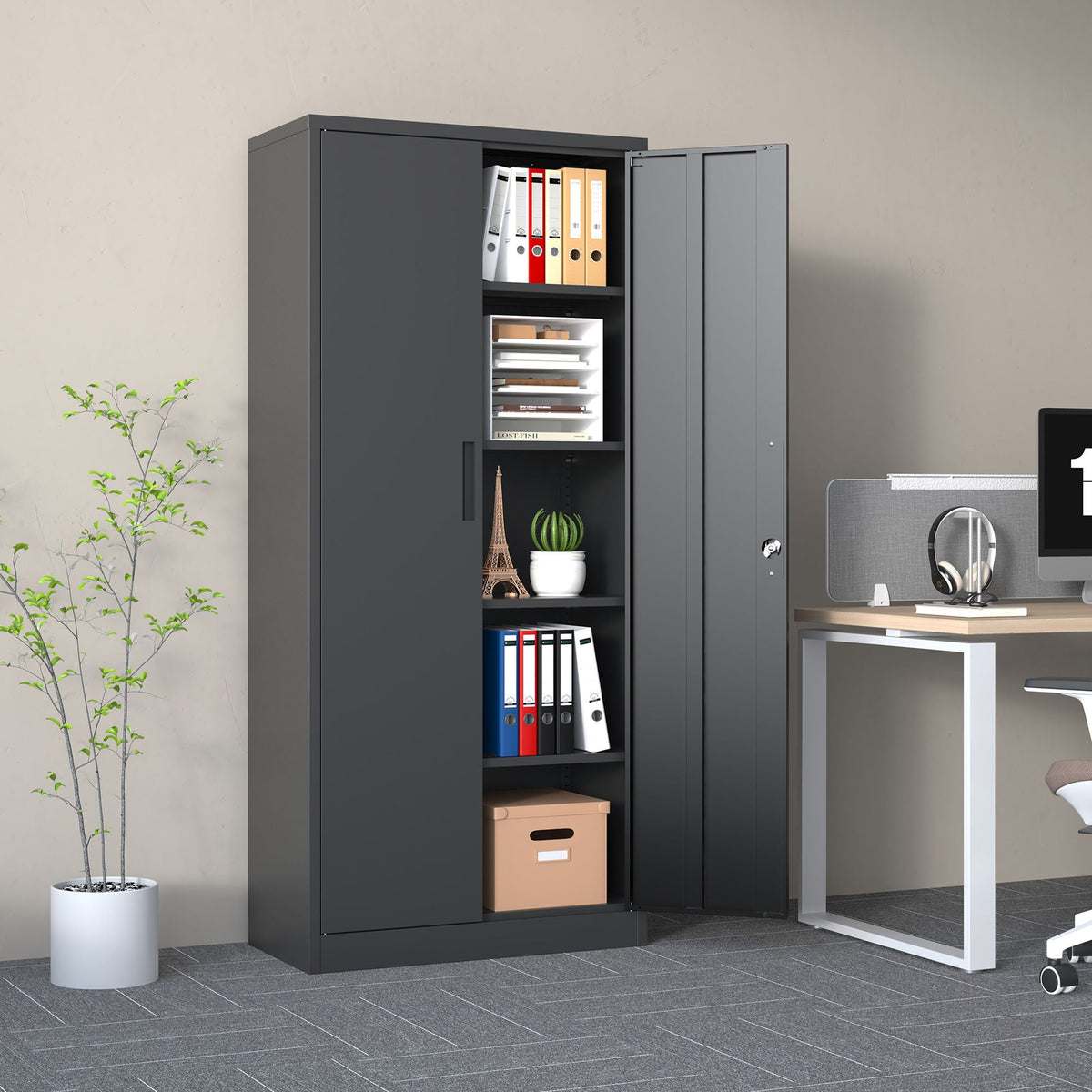 Heavy Metal Garage Storage Cabinet with Locking Doors - Black or White