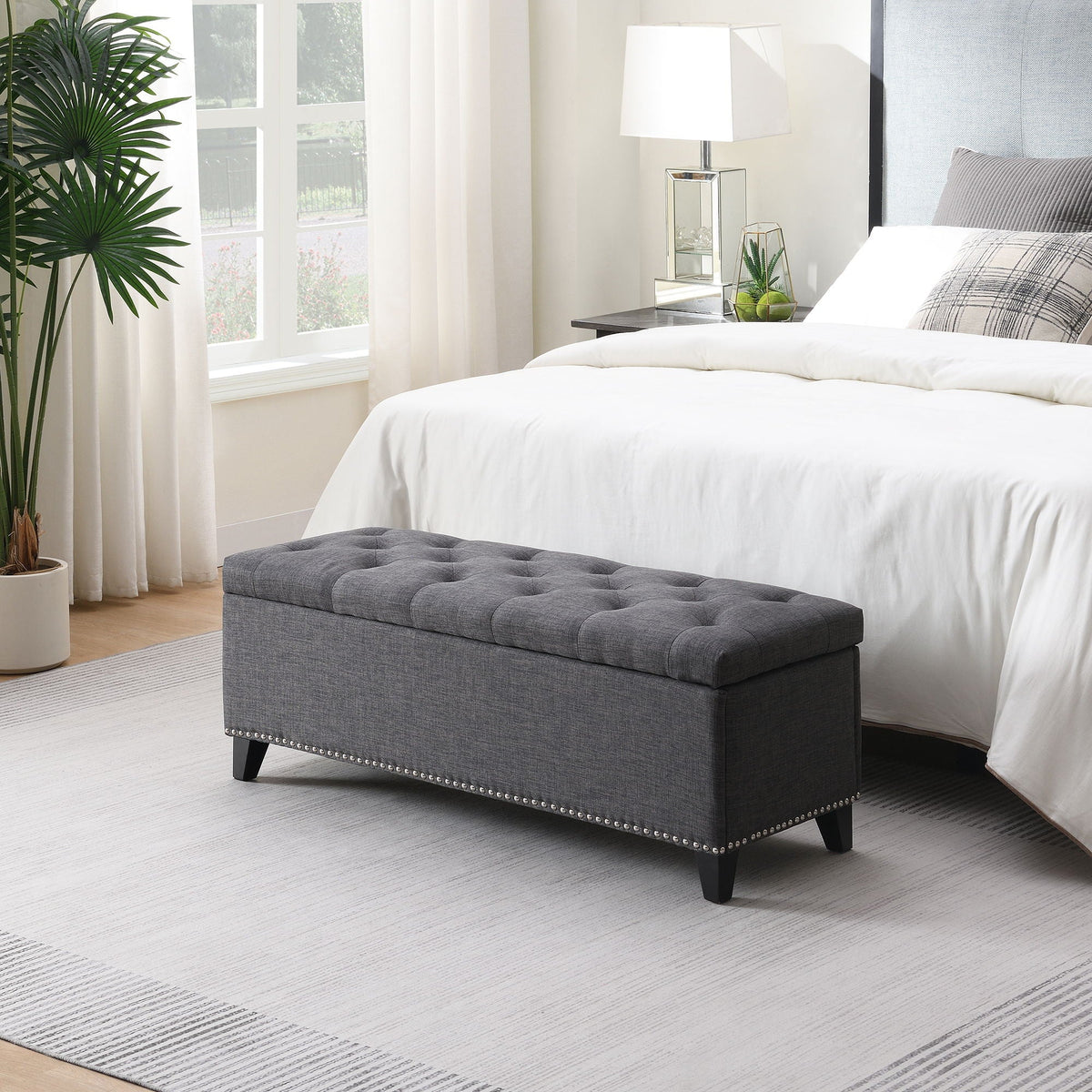 Button-Tufted Storage Ottoman with Safety Close Hinge - Beige or Dark Gray