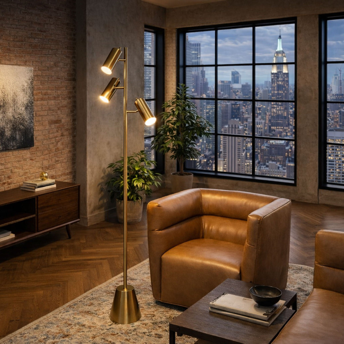 Lumina Floor Lamp With Rotary Switch Triple Spots Cone Base - Gold