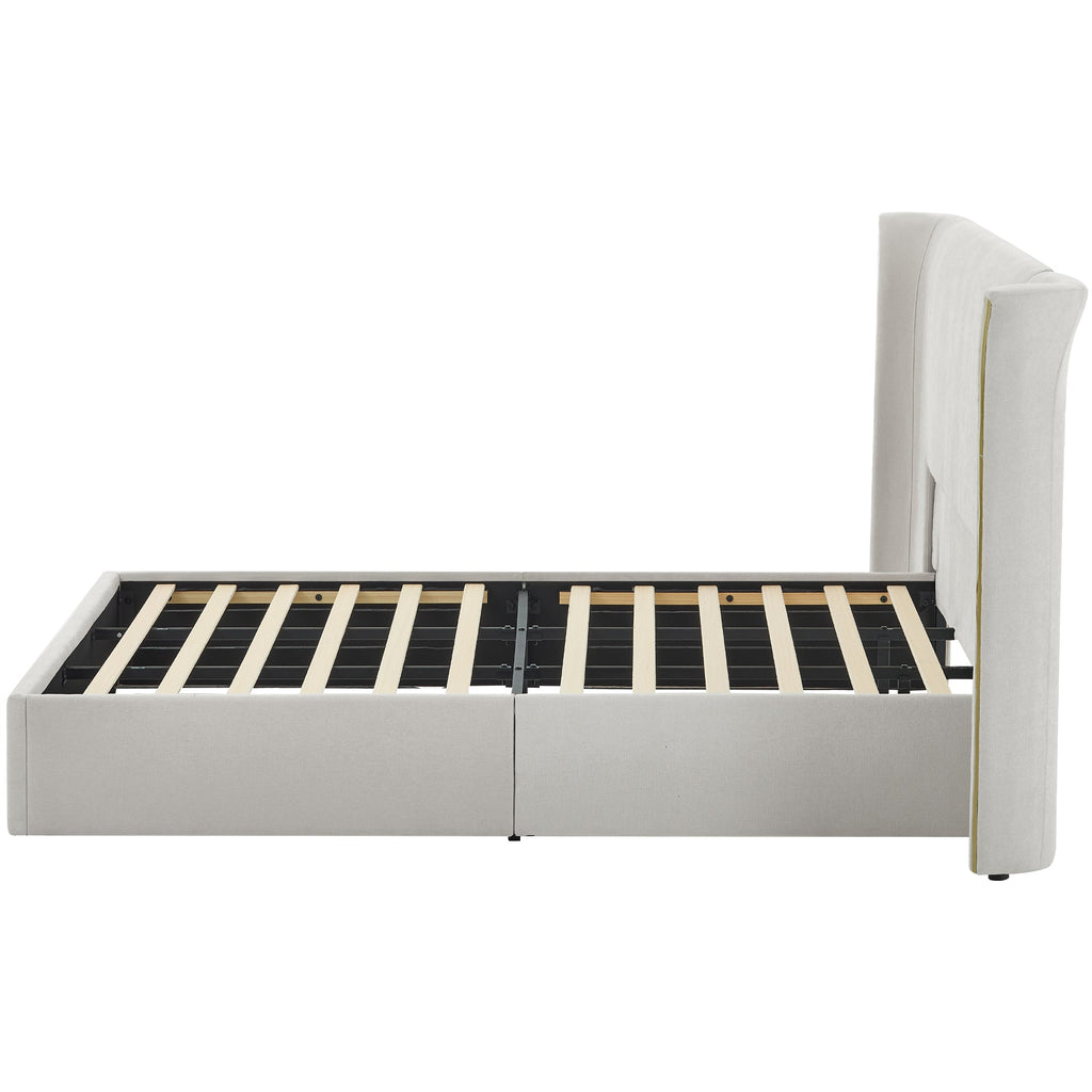 King Size Luxury Wing-Back Upholstered Bed Frame with Padded Headboard - Beige