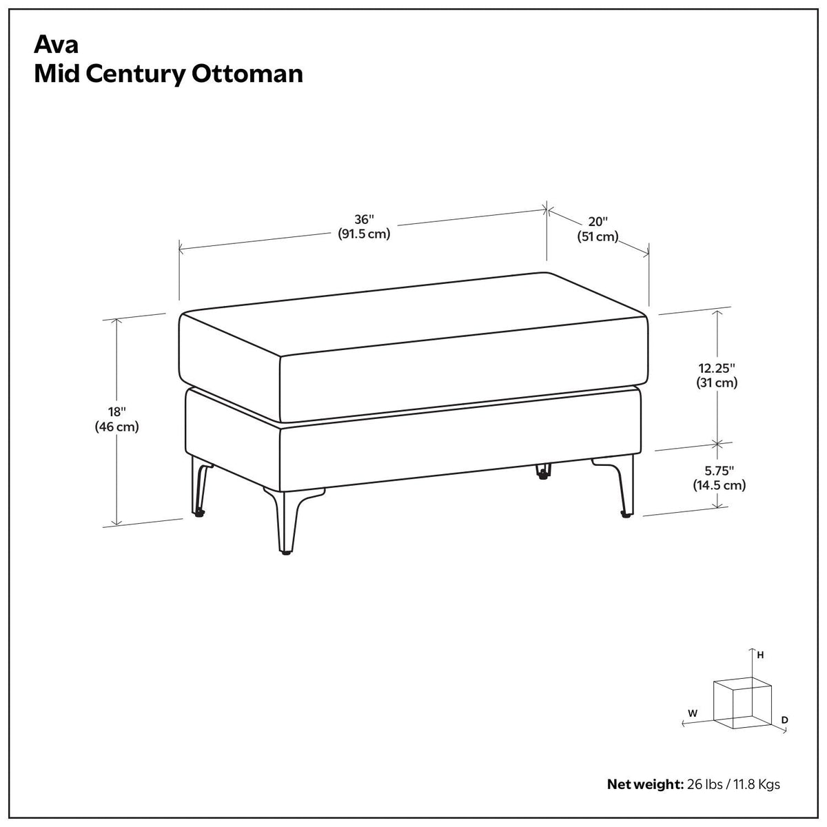 Versatile Mid Century Ottoman with Eco-Friendly Upholstery - Beige or Dark Gray