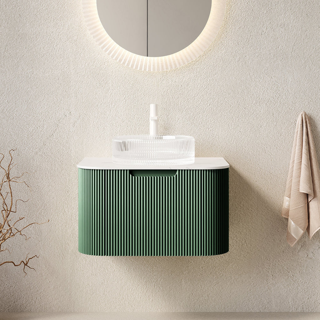24-Inch Floating Bathroom Vanity with Crystal Glass Basin - Dark Green