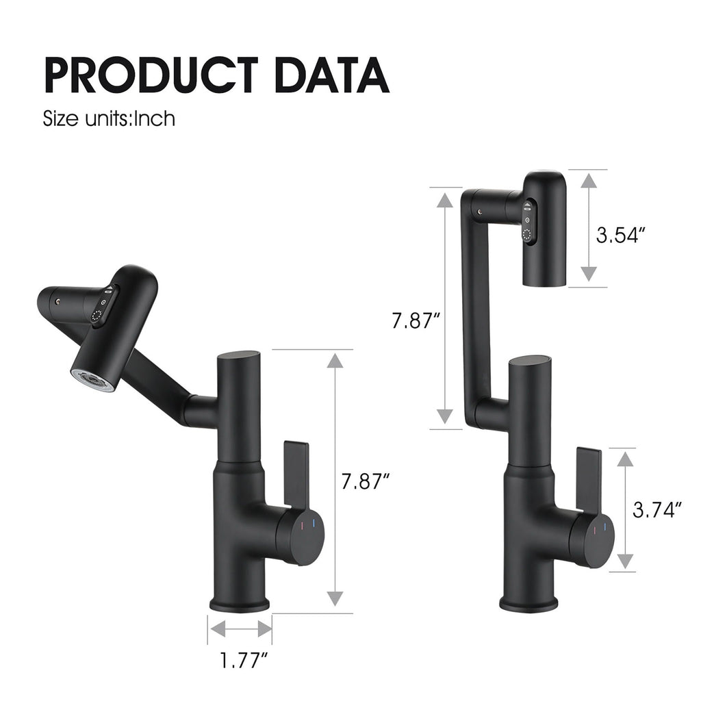 Bathroom Sink Faucet with Spray Function and Temperature Display - Black or Pearl Silver