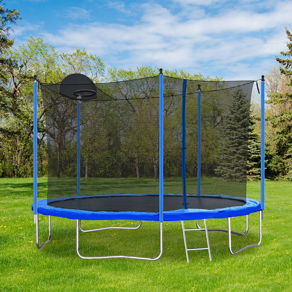 12Ft Trampoline with Basketball Hoop and Safety Net - Blue