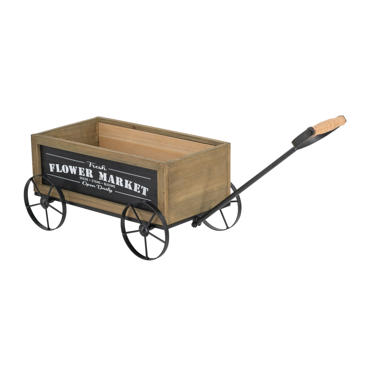 Rustic Wooden Wagon Planter with Metal Wheels - Brown Black