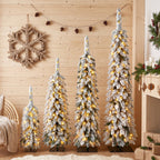 Pre-Flocked Pencil Christmas Trees 4 Pack with Easy Setup - White Flocked