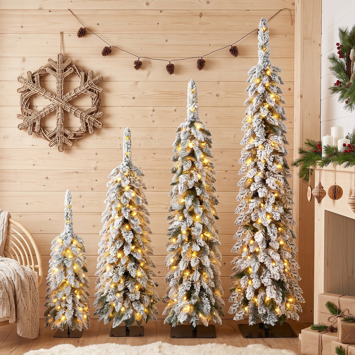 Pre-Flocked Pencil Christmas Trees 4 Pack with Easy Setup - White Flocked