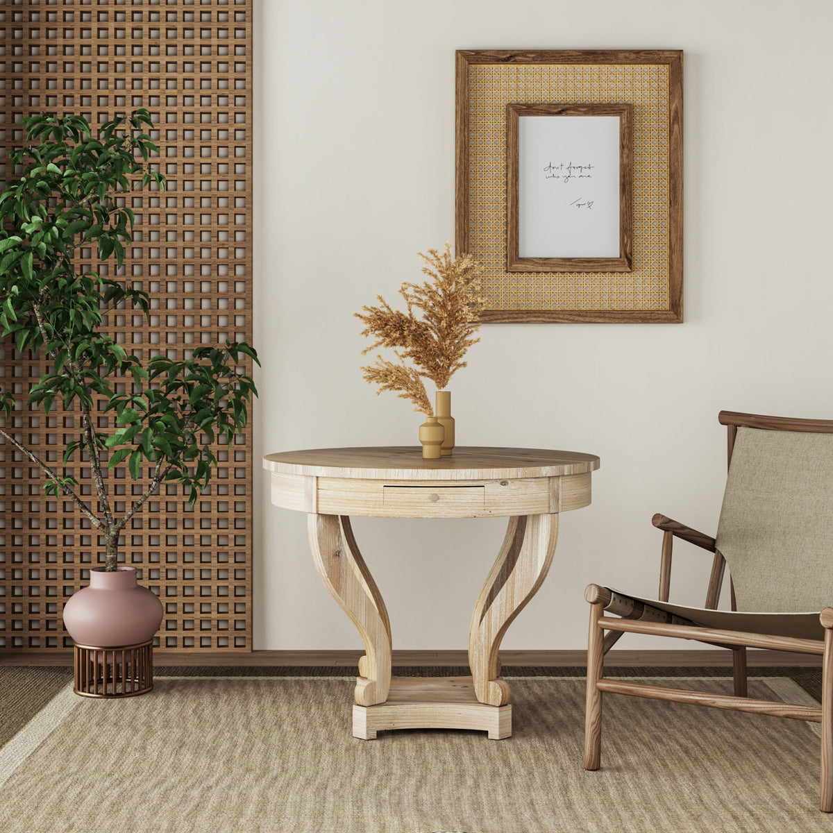 Natural Wood Grain Distressed Side Table with Curved Legs