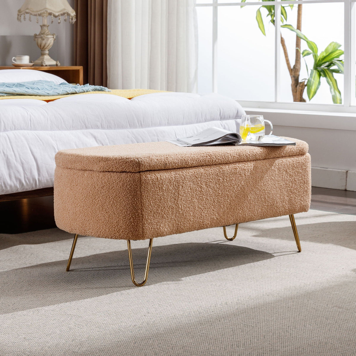 Faux Fur Storage Ottoman Bench with Padded Upholstery - Multiple Colors