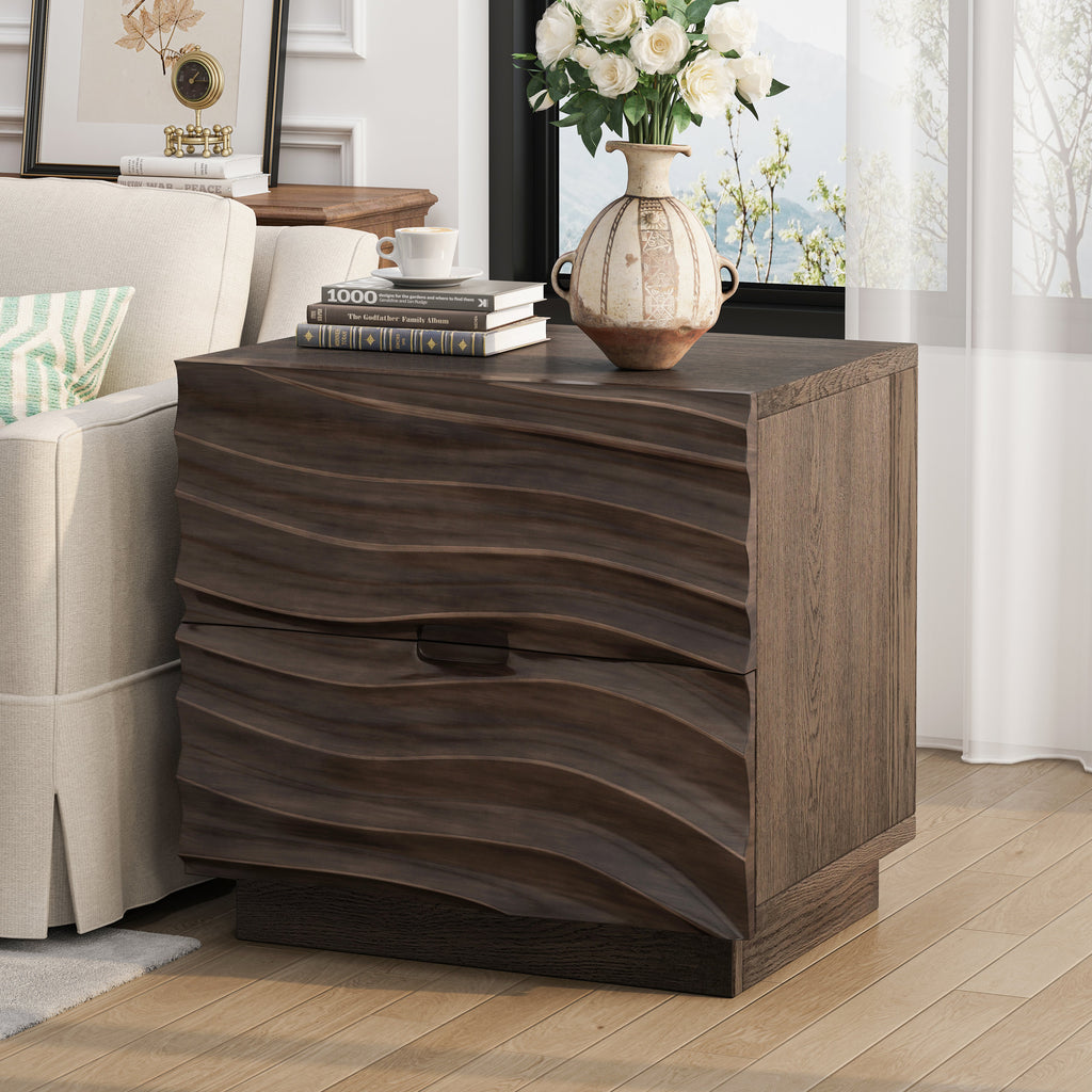 Solid Wood Nightstands with 2 Drawers - Modern Handleless Design - Brown