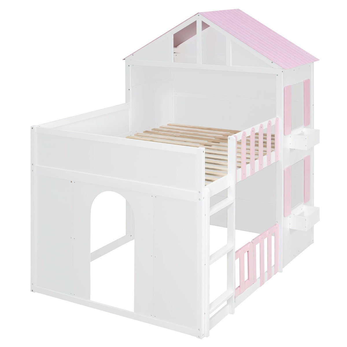 Full Over Full House Bunk Bed with Storage - Pink