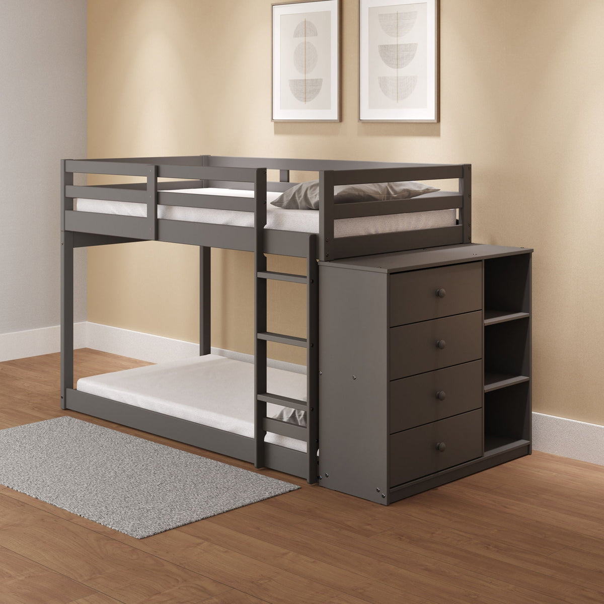 Gray Twin Over Twin Bunk Bed with 4 Drawers and Compartments