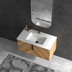 36 Inch Wall-Mounted Bathroom Vanity with 3D Fluted Panel & Ceramic Sink - Golden Oak