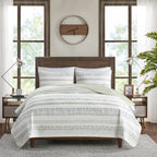 Printed Microfiber Seersucker Quilt Set with Reversible Design - Taupe/Blue