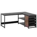 L-Shaped Computer Desk with Drawers and Shelves - Black or Dark Brown