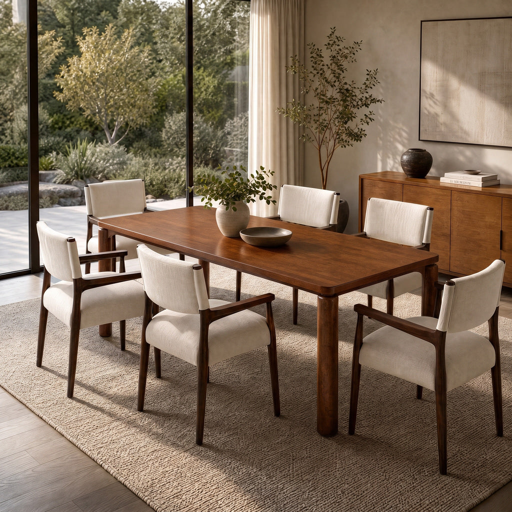 Rectangular 7-Piece Dining Table Set with Rubber Wood - Walnut Finish