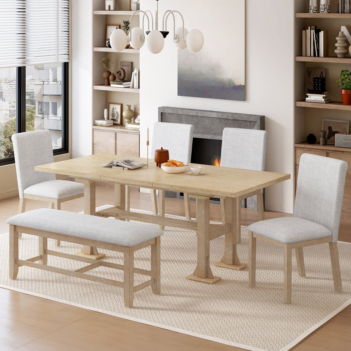 Farmhouse Extendable Dining Table Set with Removable Leaf - Natural Light