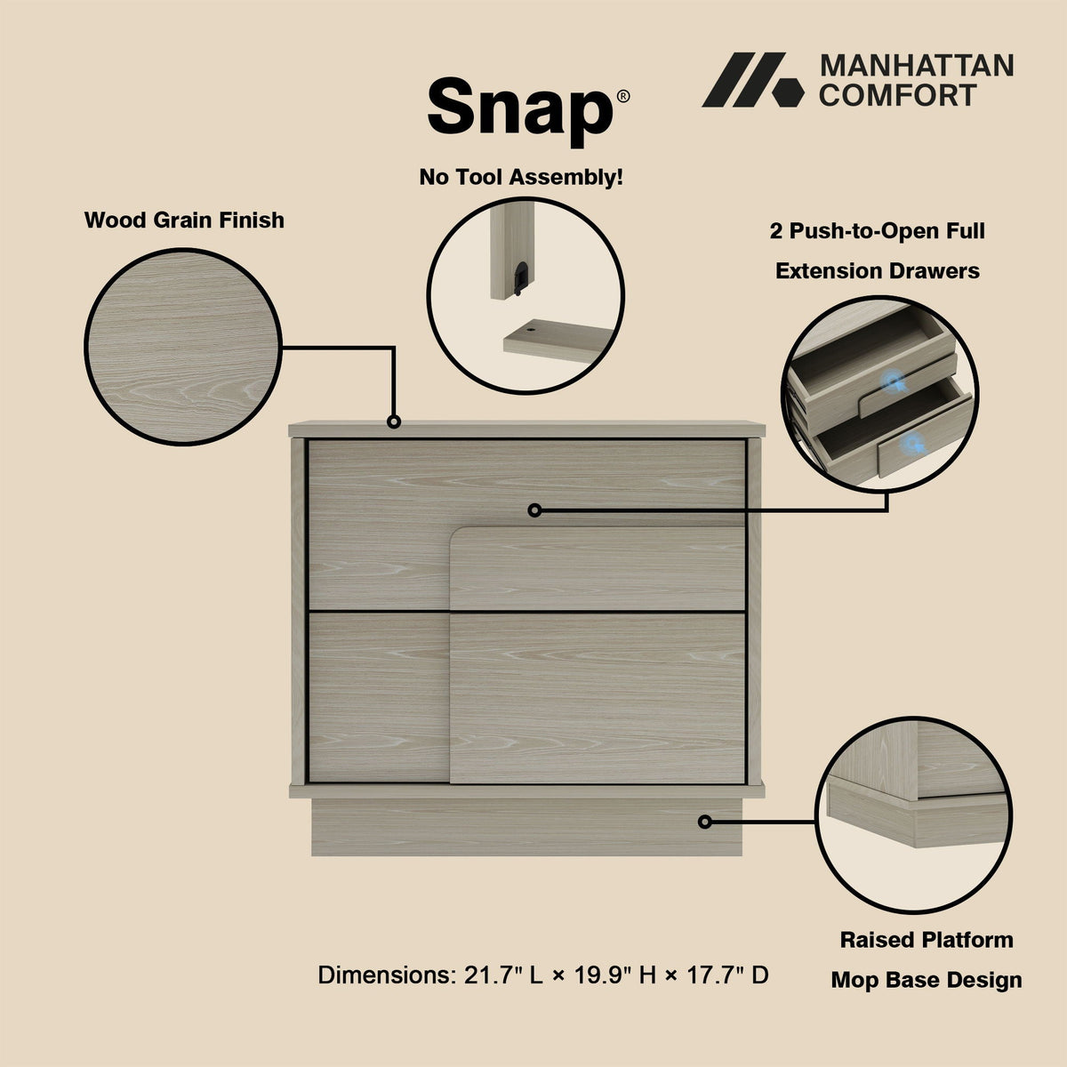 Modern Nightstand with Push to Open Drawers - Dark Gray, Dark Brown, or Light Brown