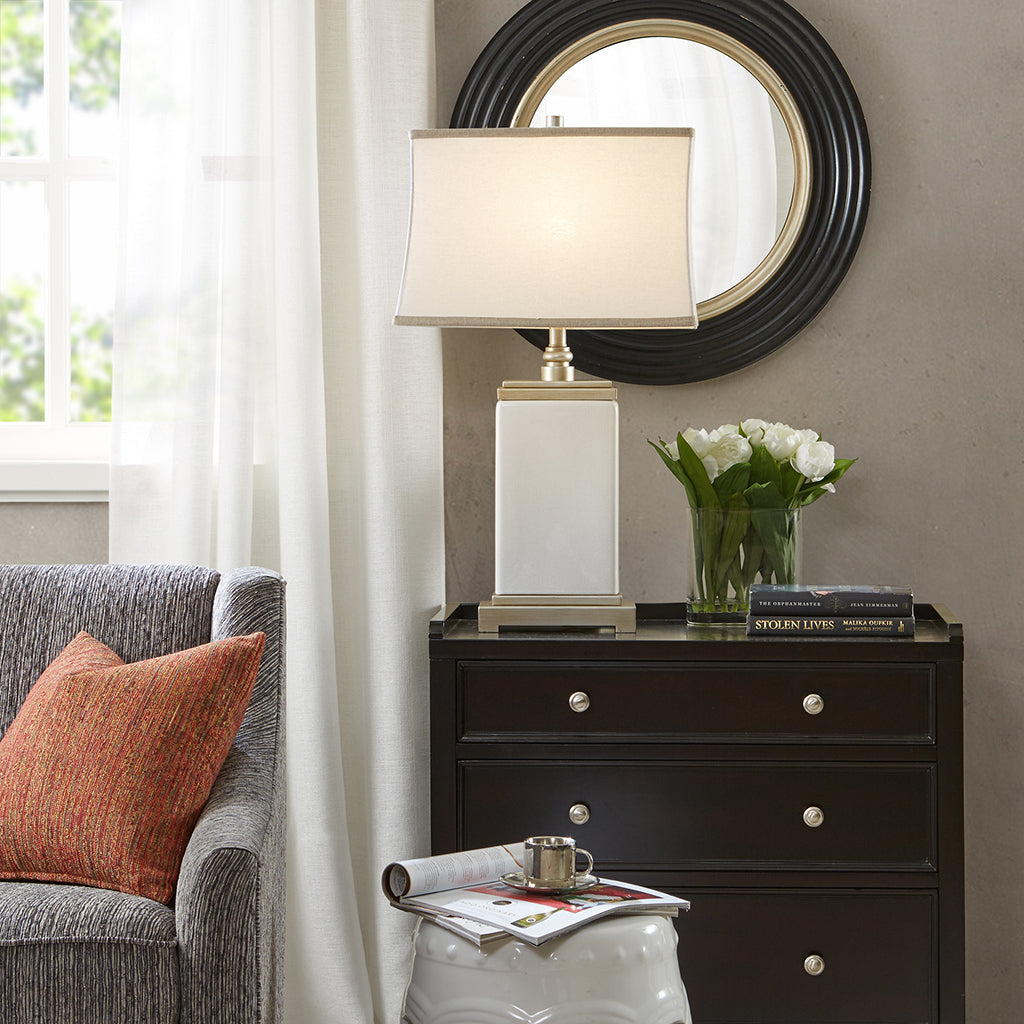 Rectangular Ceramic Table Lamp with Ivory Base & Silver Accents - Ivory