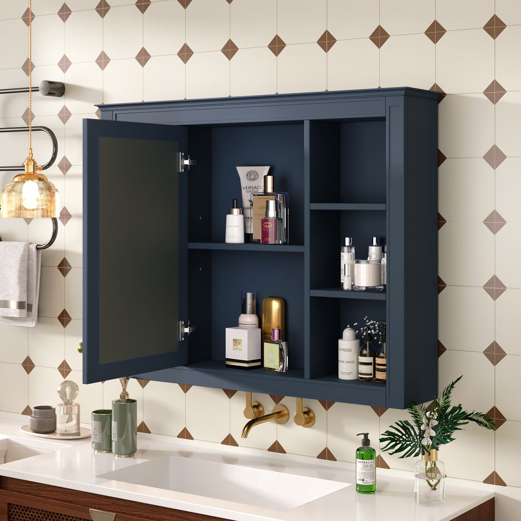 Wall Mounted Medicine Cabinet with Mirror and 6 Open Shelves - Multiple Colors