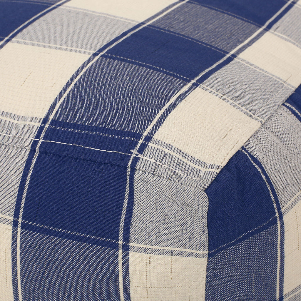 Checkered Square Pouf Ottoman and Floor Cushion with Polystyrene Bead Fill - Ivory / Navy