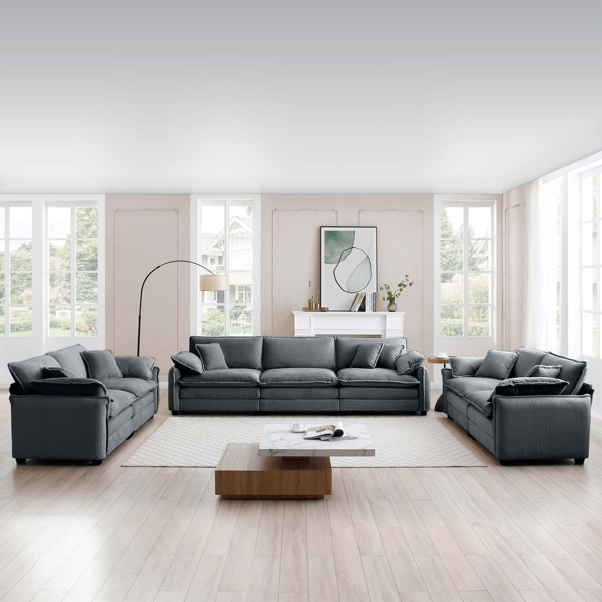 Modern Corduroy Sofa Set with Memory Foam Cushions - 3 Piece