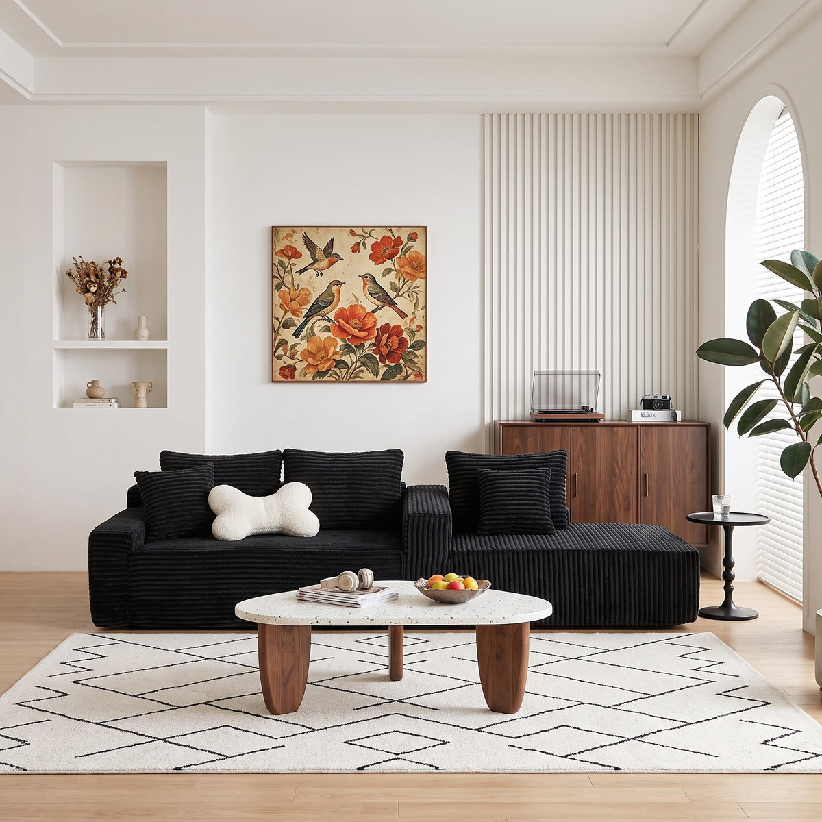 Black Corduroy L Shaped Sectional Sofa with Right Chaise - 94 Inch