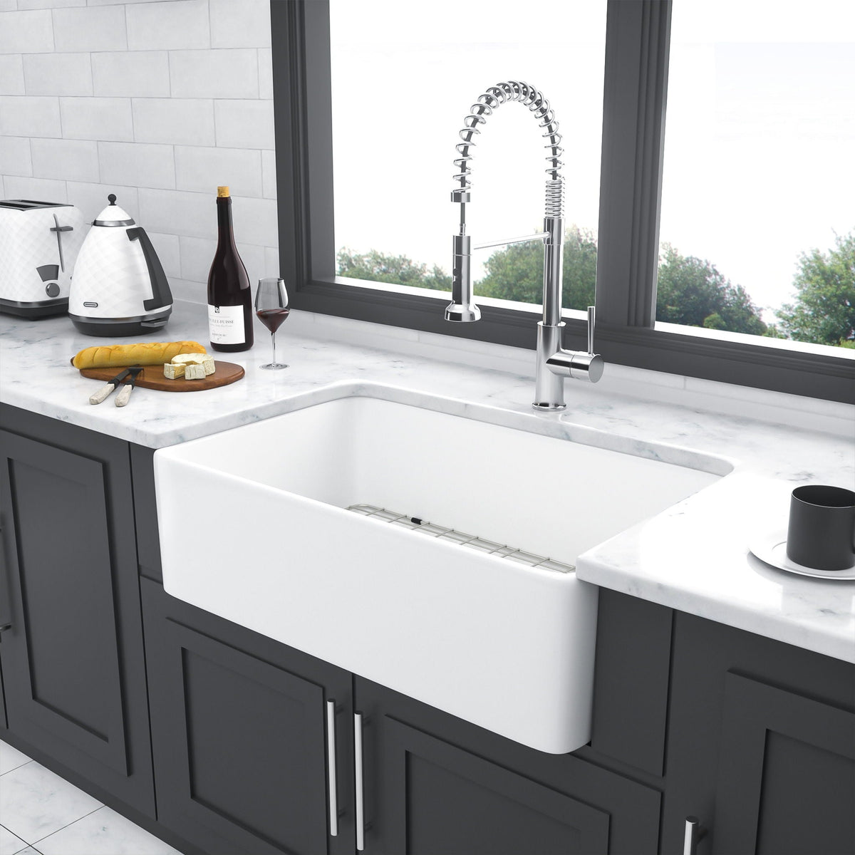 Farmhouse Ceramic Apron Front Single Bowl Kitchen Sink with Durable Design - White or Black