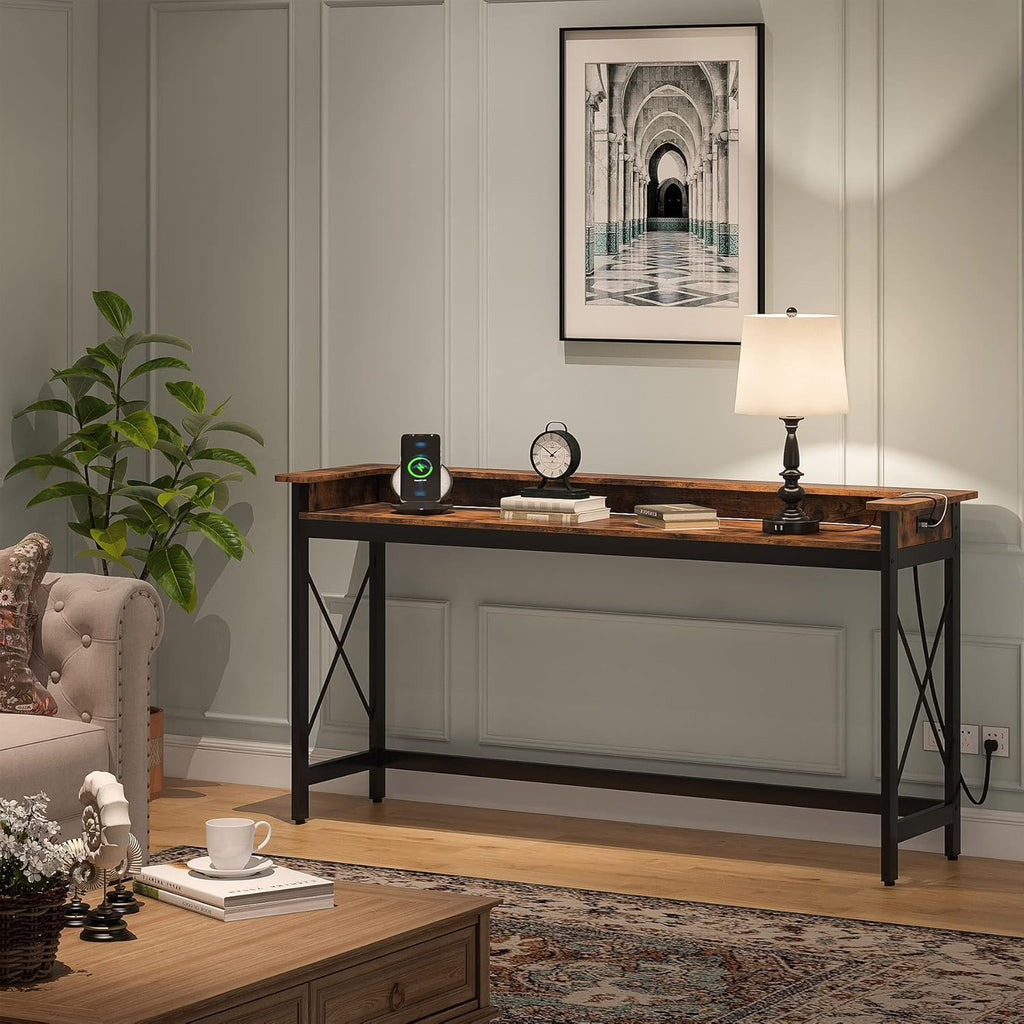 Extra Long Console Table with Charging Station - Brown/Black