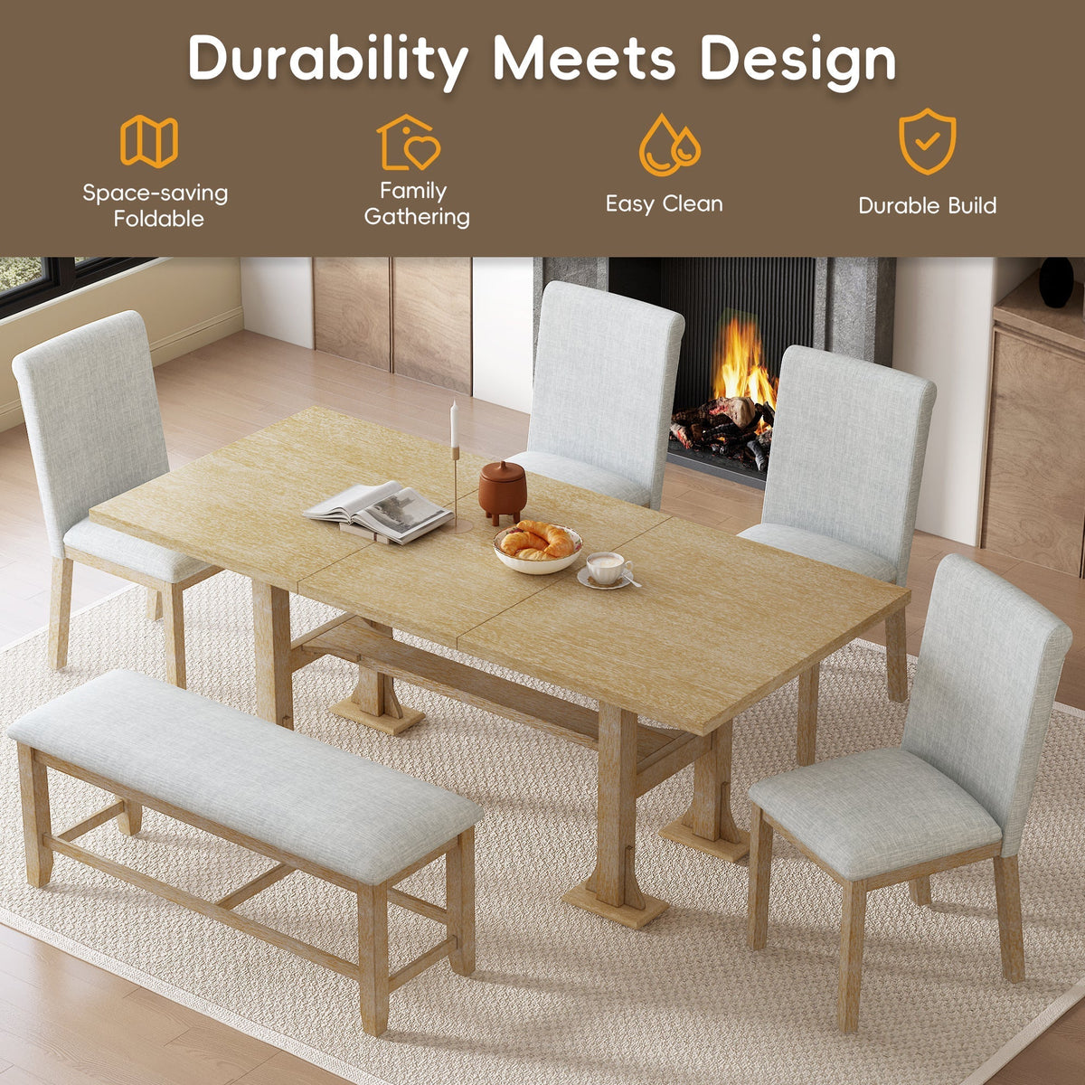 Natural Solid Wood Extendable Dining Set with Bench Seating - 6 Piece