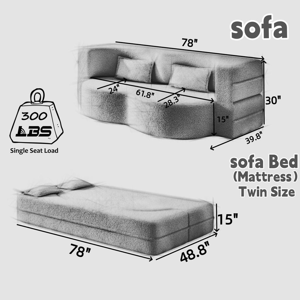 Modern Floor Sofa With 2 Pillows, Convertible Twin Size Folding Mattress - Multi-Color