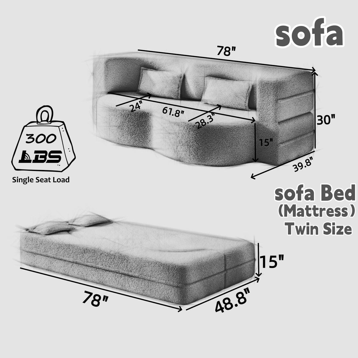 Modern Floor Sofa With 2 Pillows, Convertible Twin Size Folding Mattress - Multi-Color