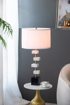 White Marble Table Lamp with Brass Frame and Fabric Shade - 15" W x 30" H