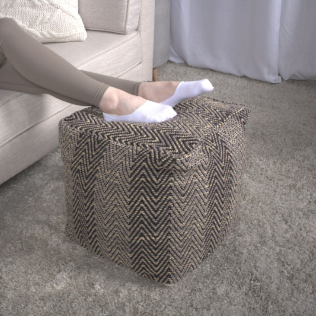 Handcrafted Cotton Pouf with Chevron Pattern - Brown