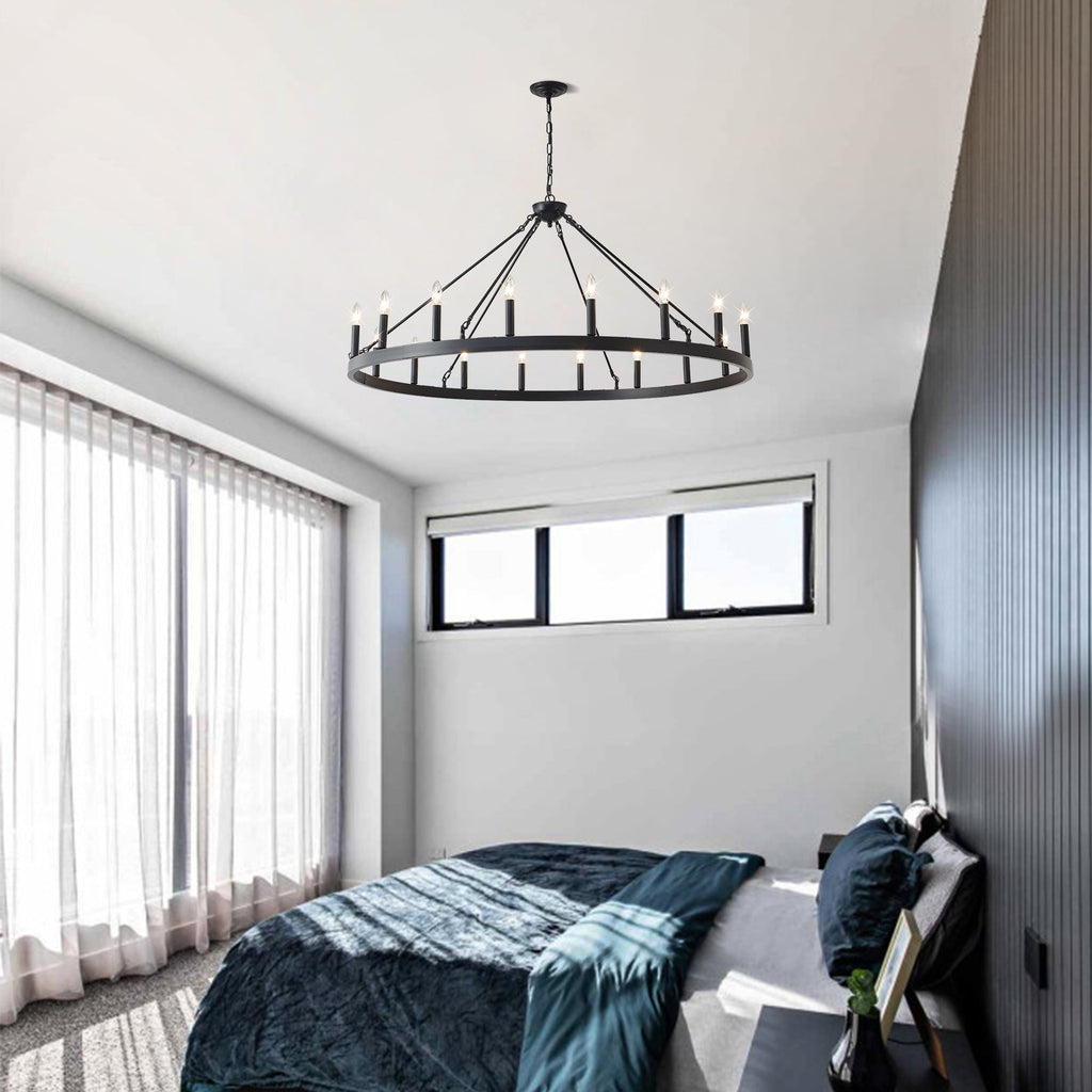 Matte Black Wagon Wheel Chandelier with 18 Lights – 53.15-Inch