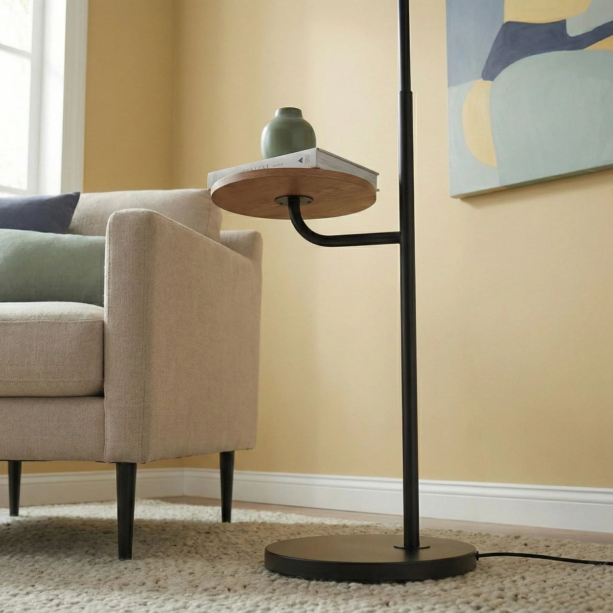 Seoul Floor Lamp With Rotary Switch Wood Table Base - Black / White