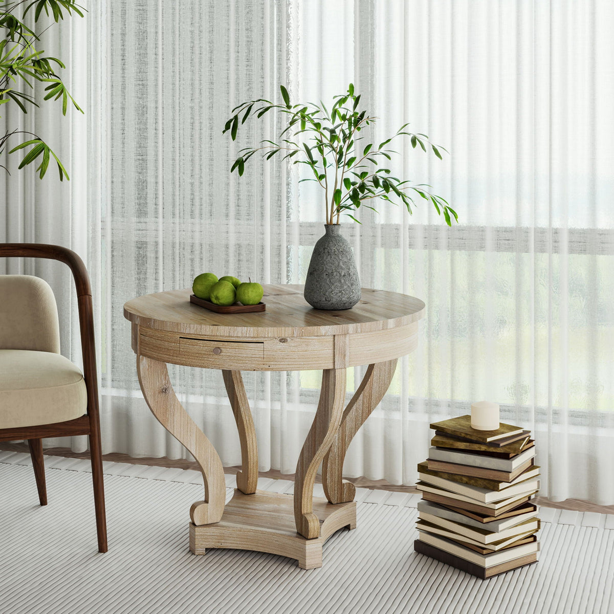 Natural Wood Grain Distressed Side Table with Curved Legs