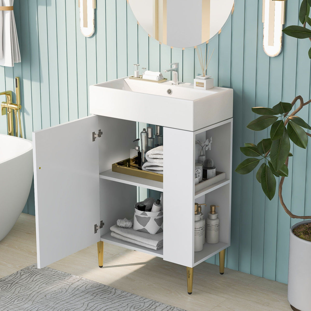 Bathroom Vanity with Single Ceramic Sink and Side Storage - Multiple Colors