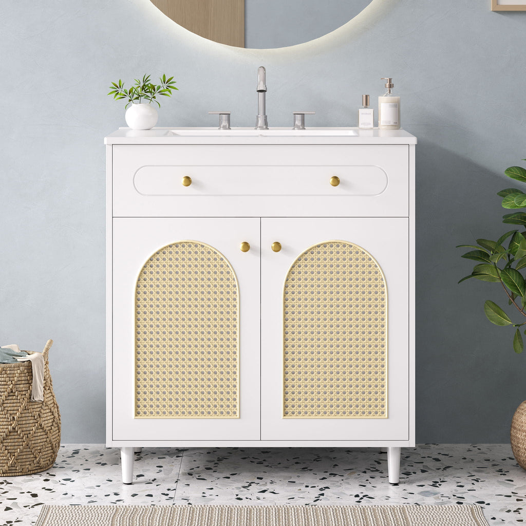 Modern Bathroom Vanity with Ceramic Sink and Adjustable Shelf - Dark Brown or White