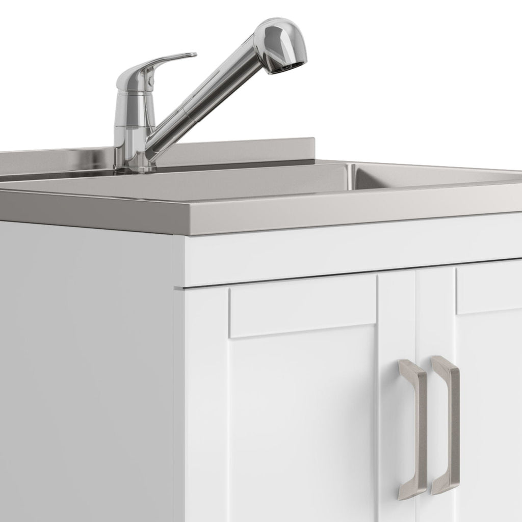 White Laundry Cabinet with Stainless Steel Sink and Pull-Out Faucet